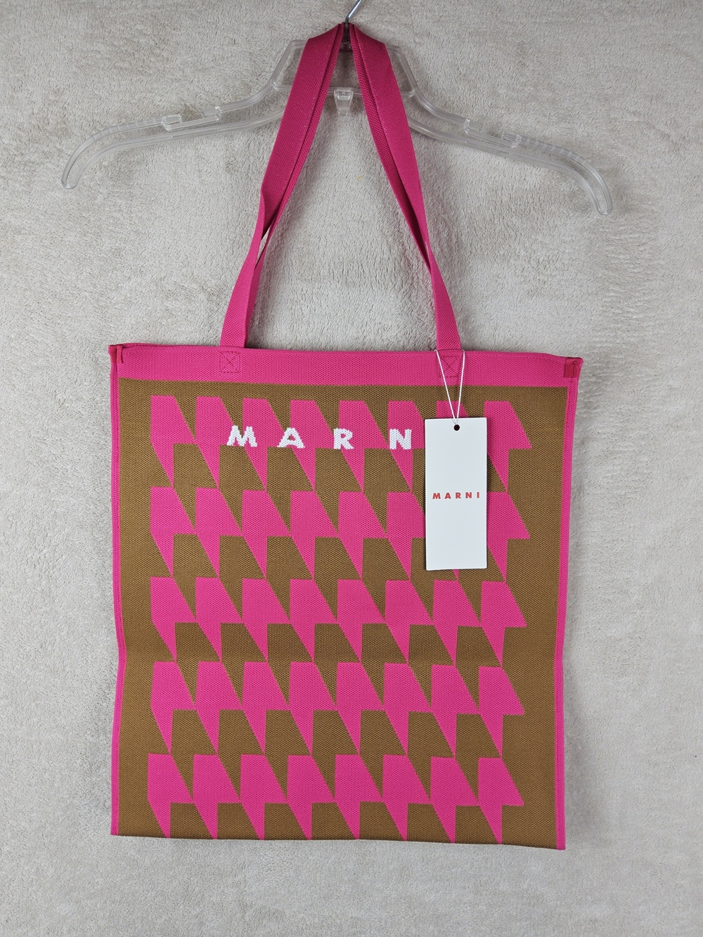 Marni Hot Pink and Brown Houndstooth Knit Geometric Tote